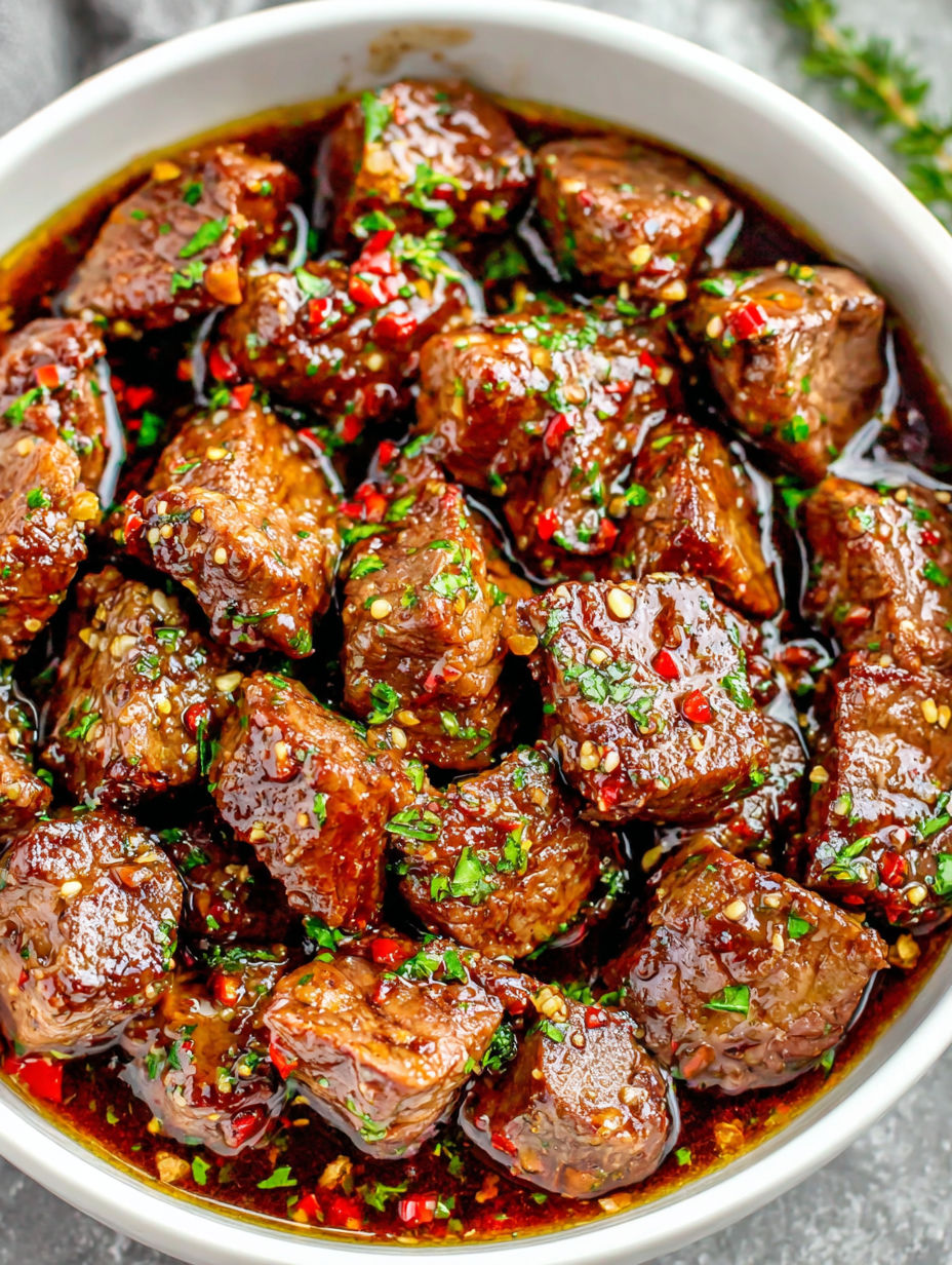 A bowl of beef stew with peppers and onions.