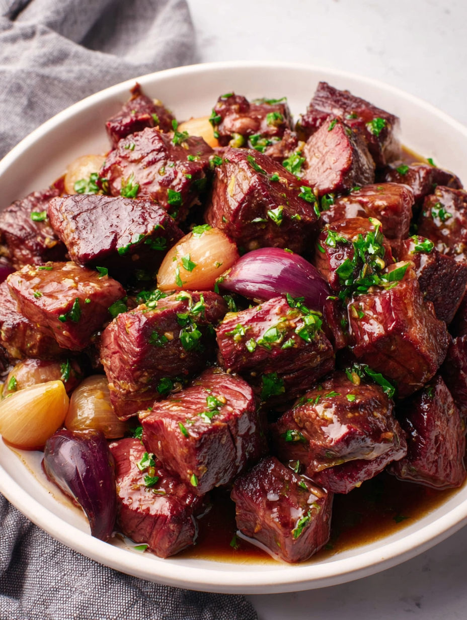 A bowl of meat with onions and herbs.