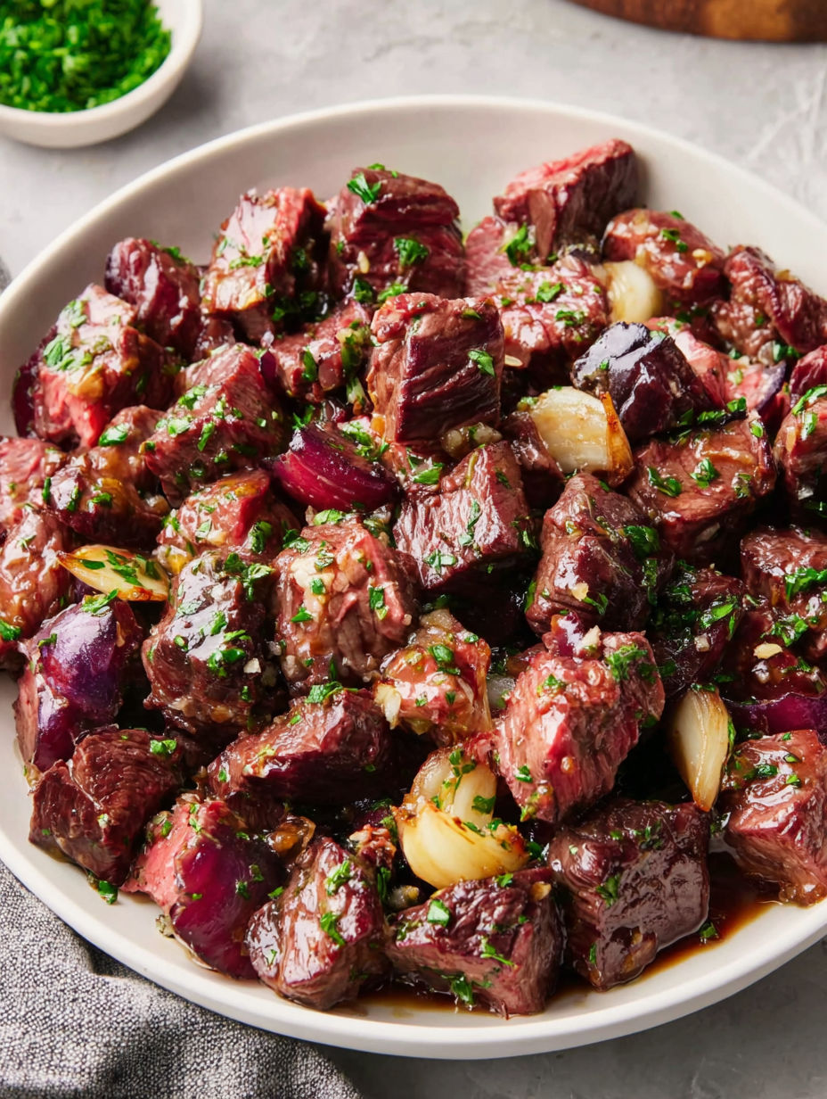 A bowl of beef with onions and herbs.