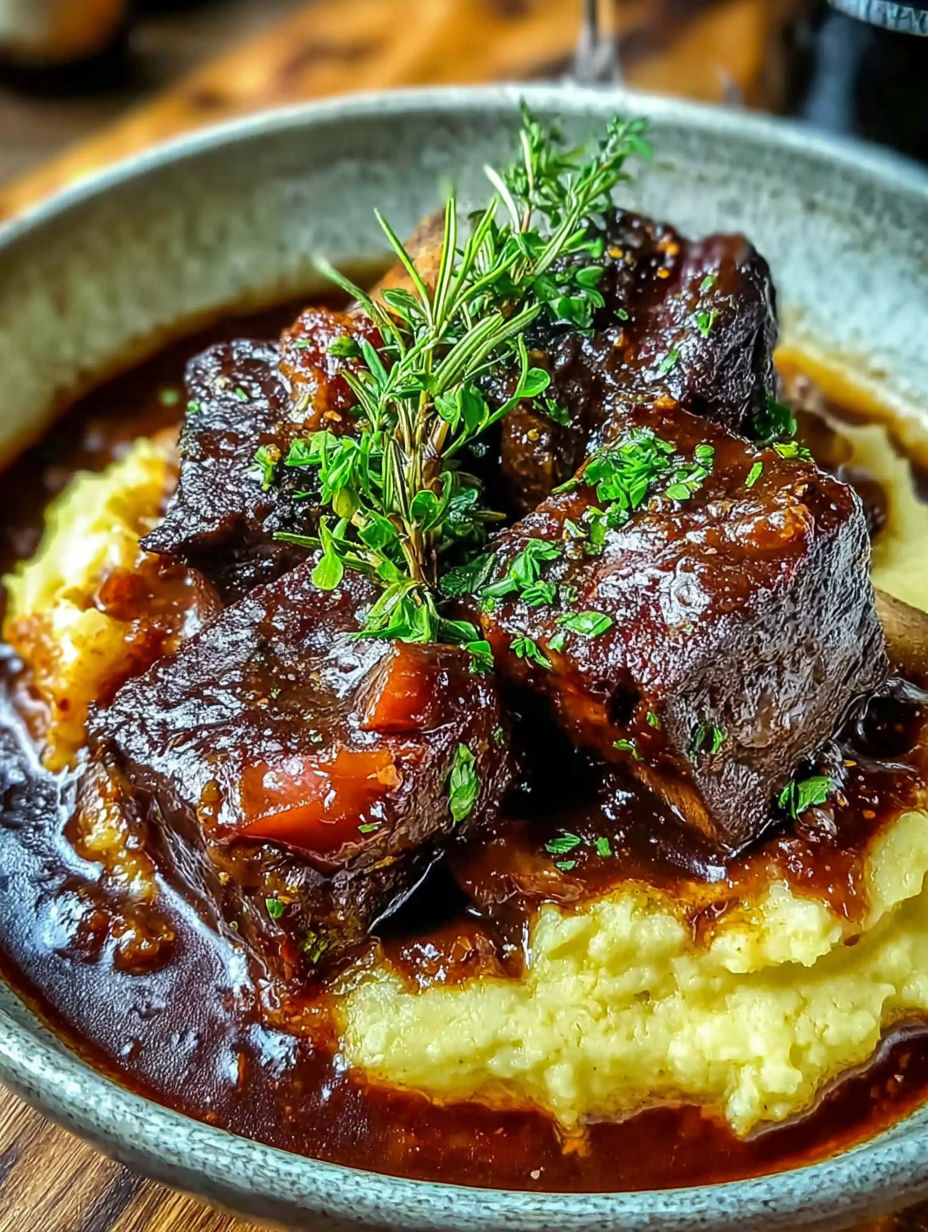 A close up of a plate of braised short ribs with garlic mash.