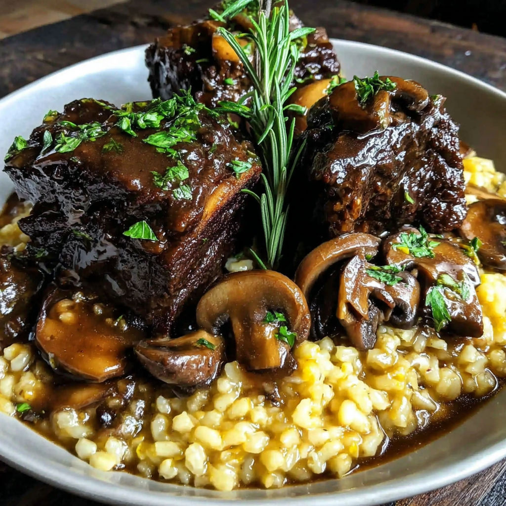 A plate of beef short ribs with mushroom risotto.