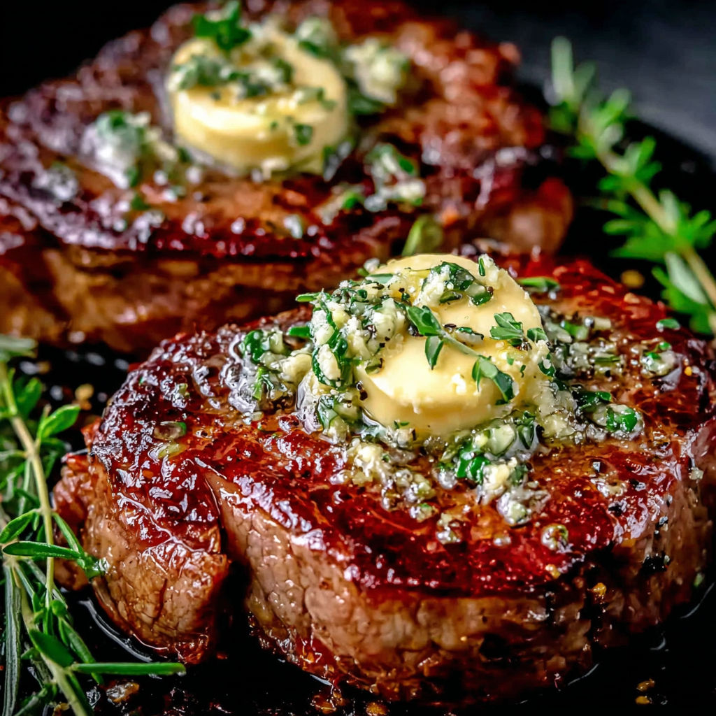 A pan seared steak with garlic butter on top.