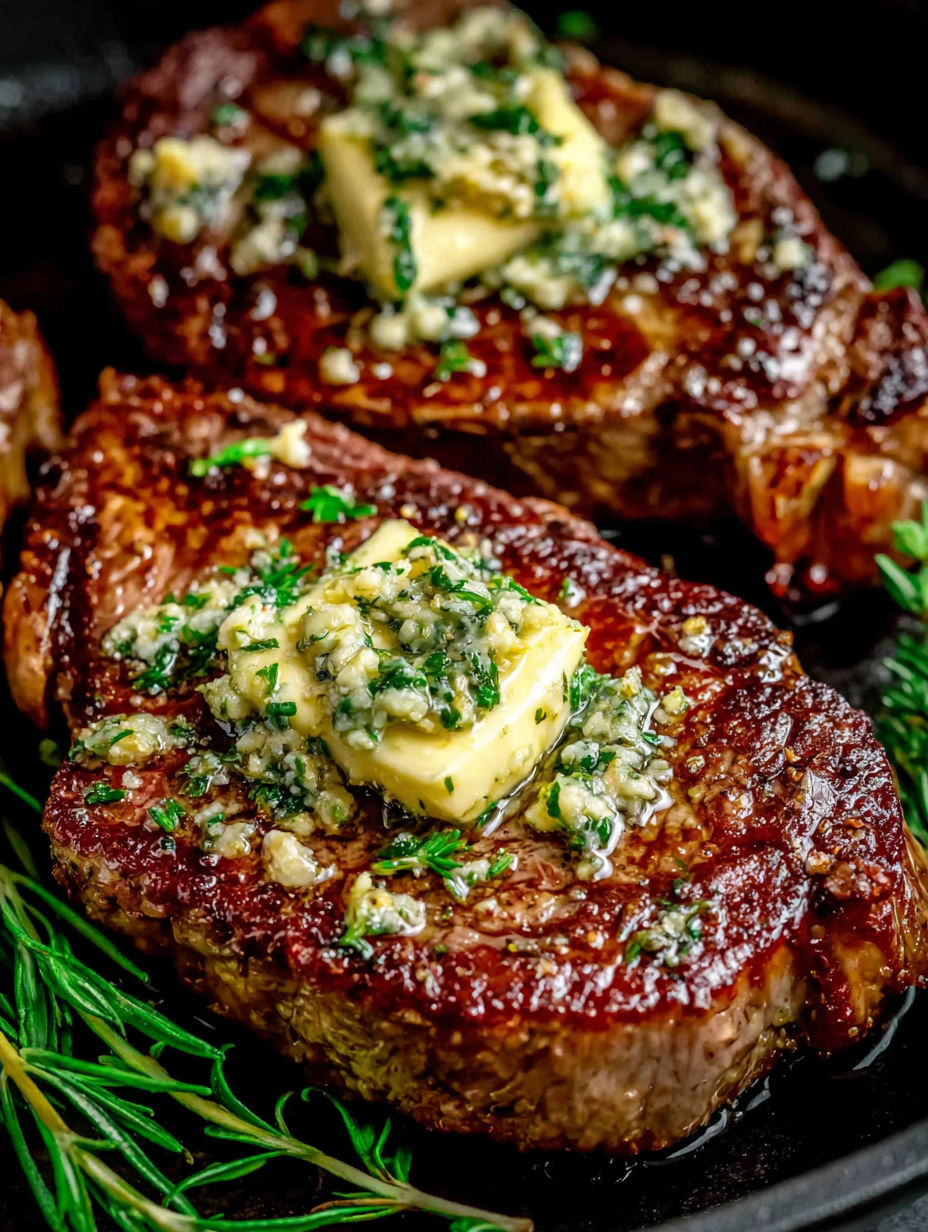 Pan seared steak with garlic butter.