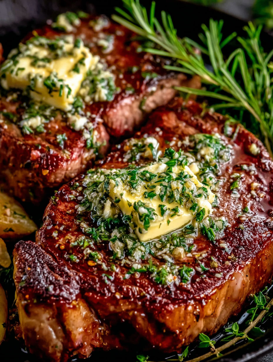 A pan seared steak with garlic butter on top.