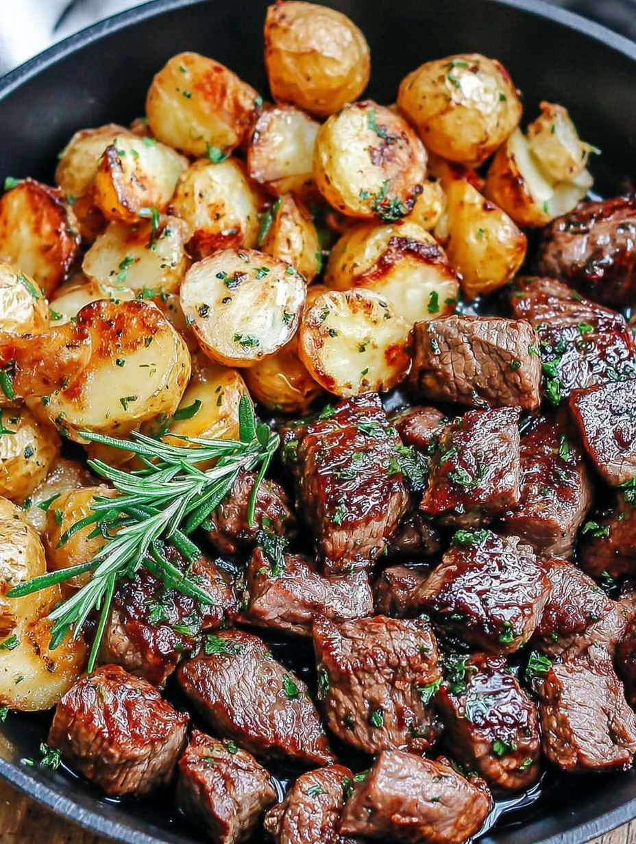 A plate of steak bites with garlic herb potatoes.