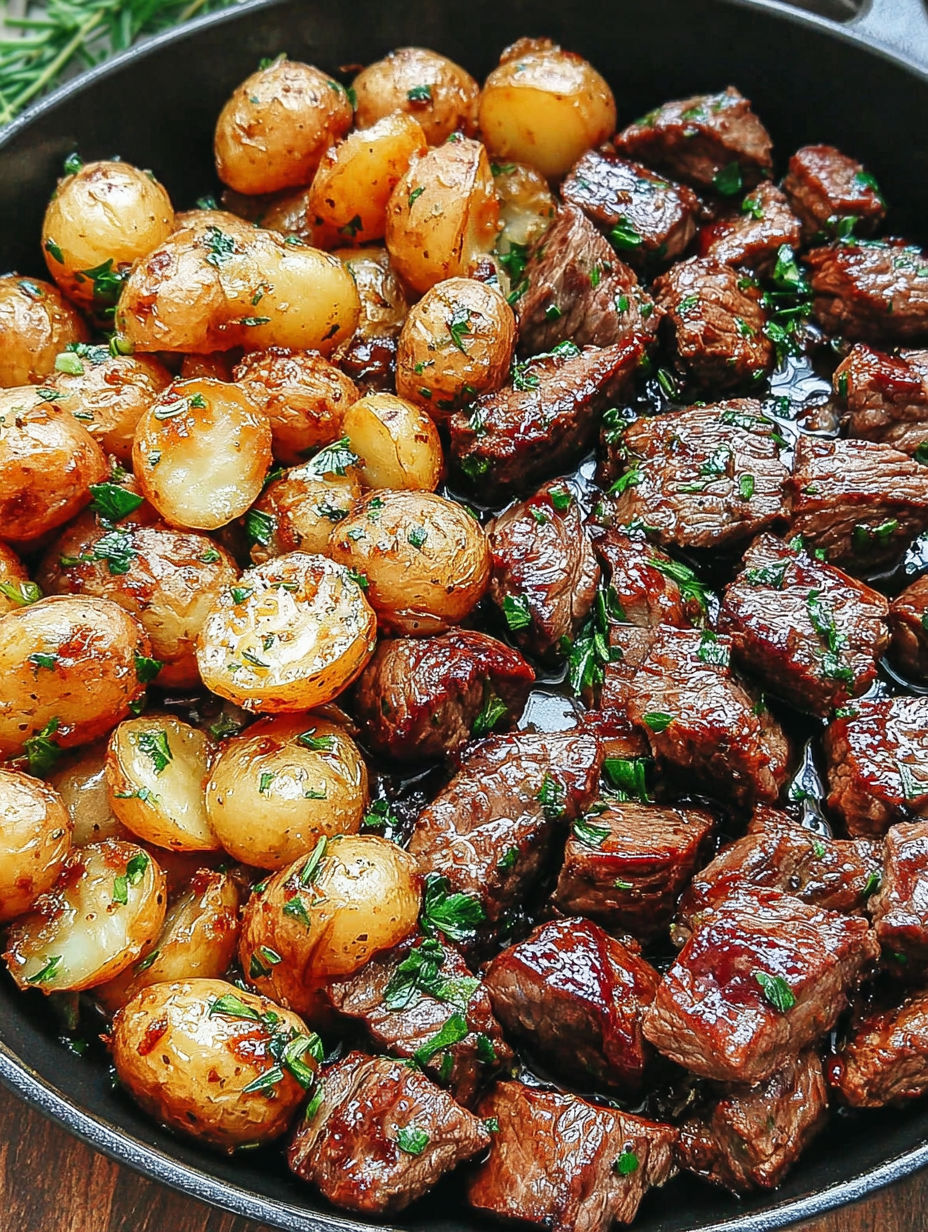 A close up of a plate of beef and potatoes.