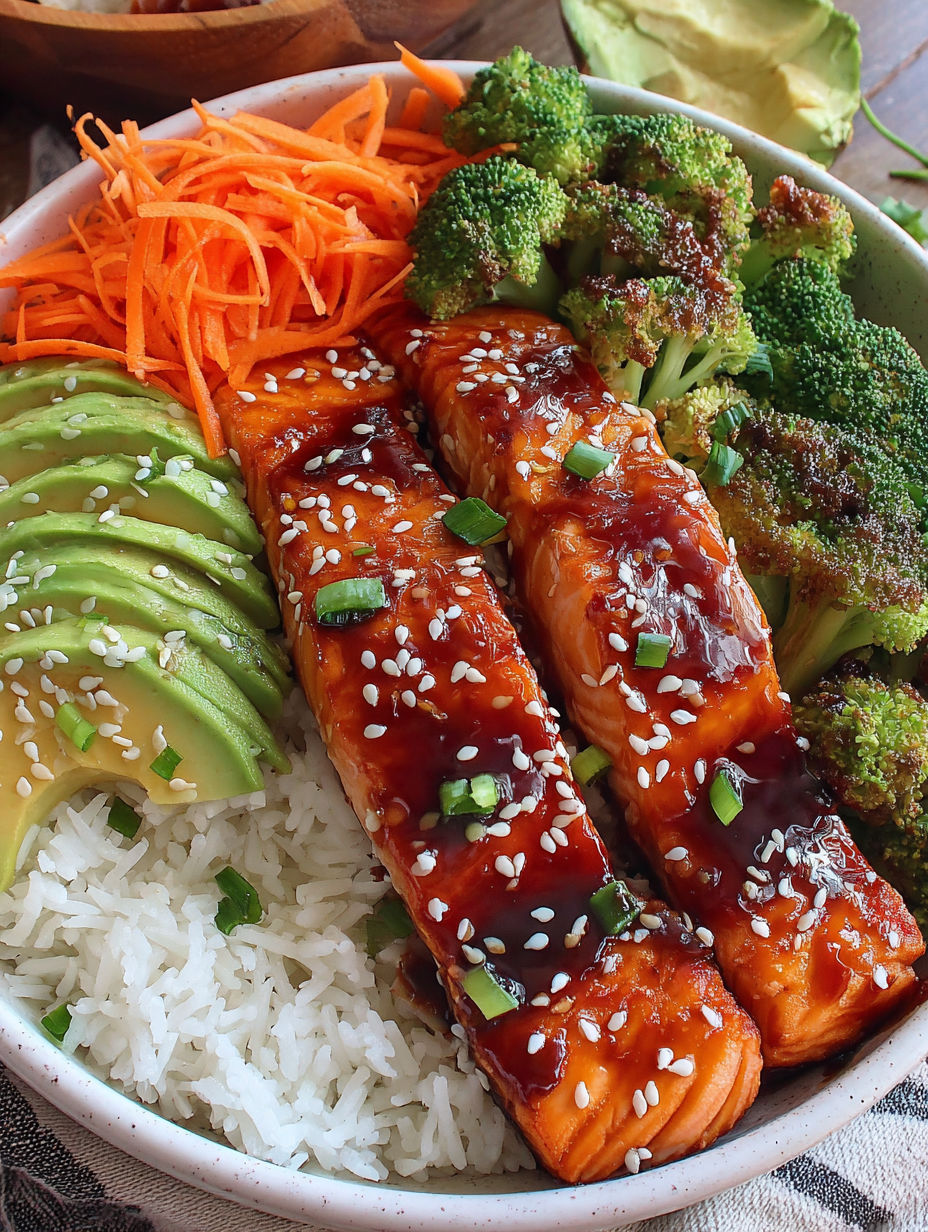 A bowl of food with rice, broccoli, and salmon.