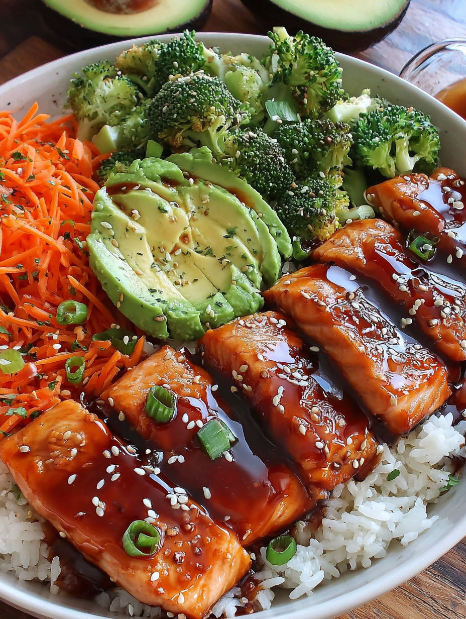 A bowl of food with rice, broccoli, and salmon.