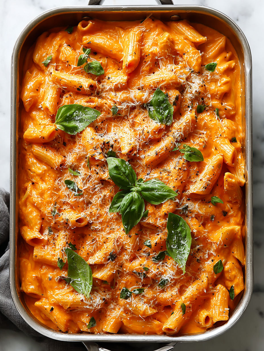 A dish of pasta with a green herb on top.