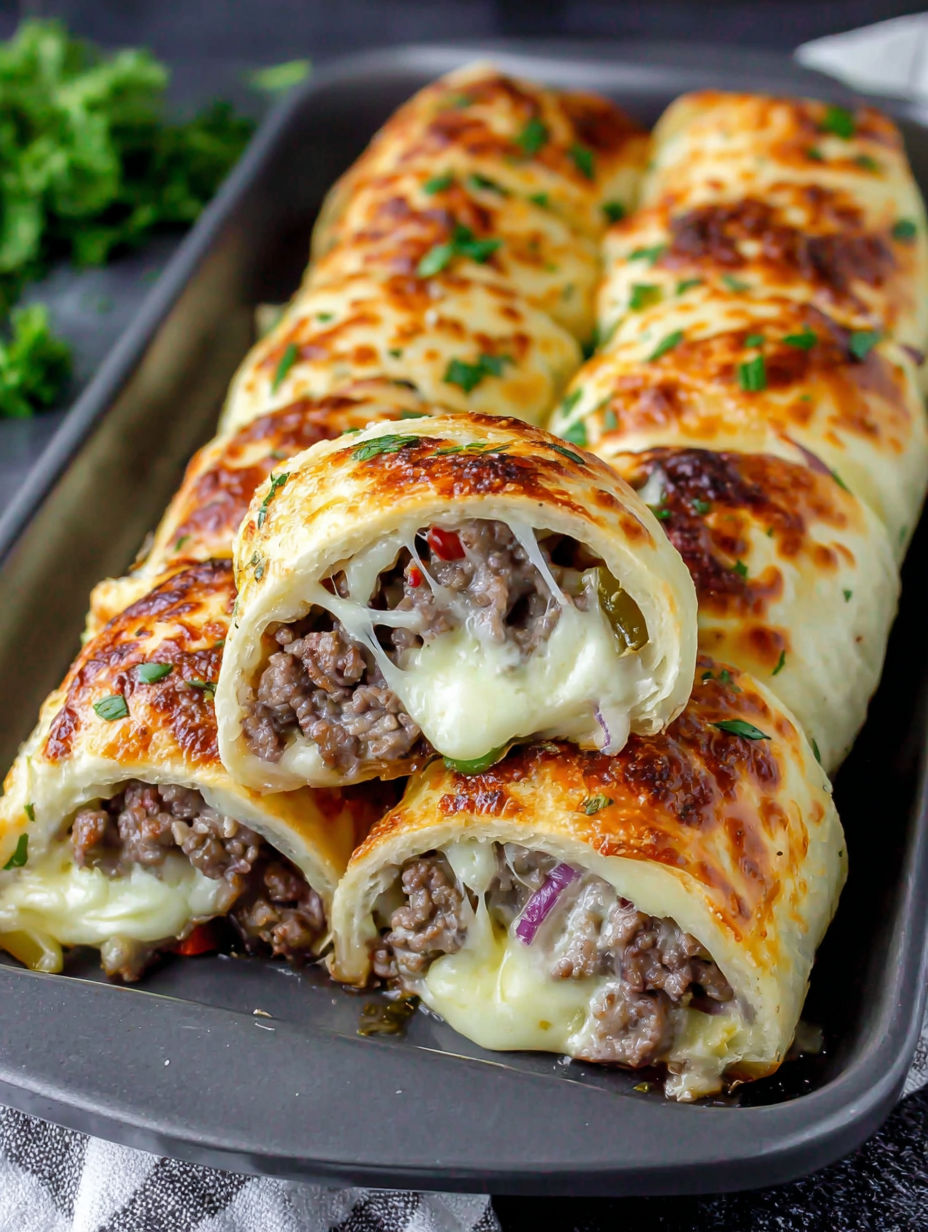 A pan of cheesesteak rolls.