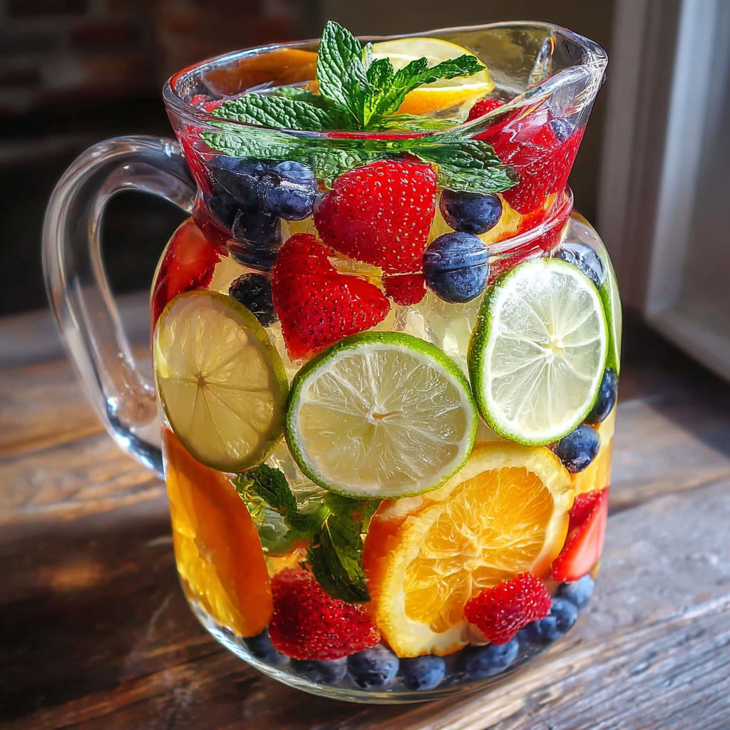 A pitcher of fruit juice with blueberries, strawberries, limes, and oranges.