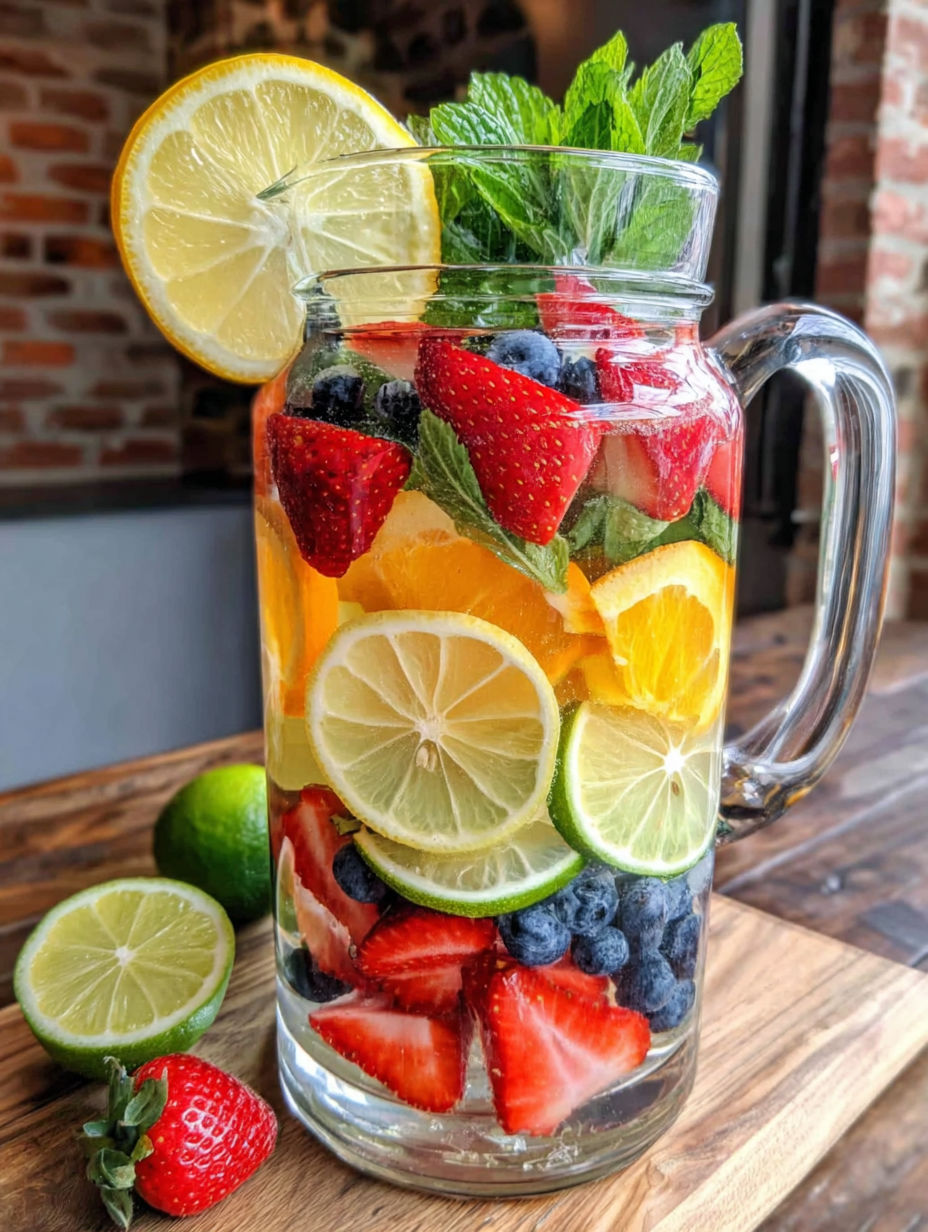 A large glass filled with various fruits and vegetables.