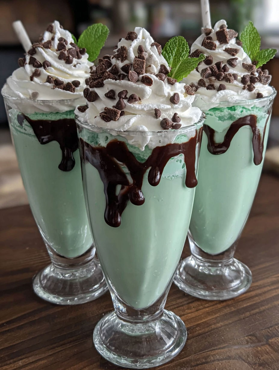 Three glasses of shamrock shake with chocolate drizzle.