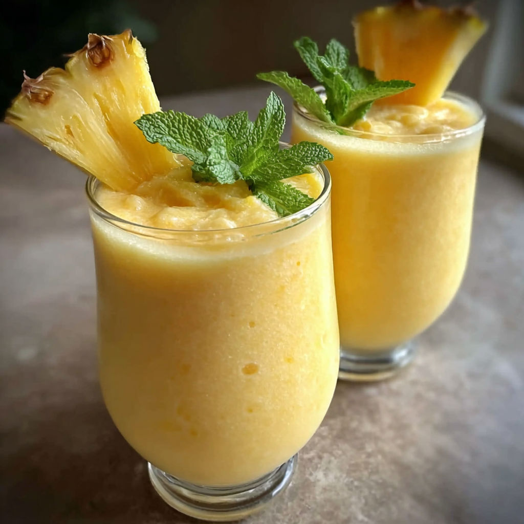 Two glasses of frozen pina colada smoothie.