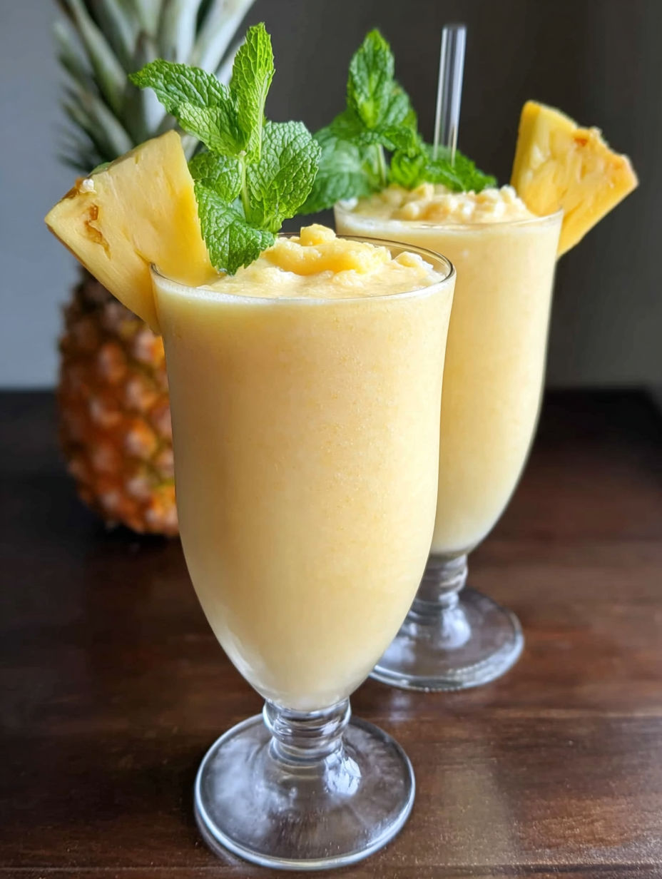 Two glasses of frozen pina colada smoothie.