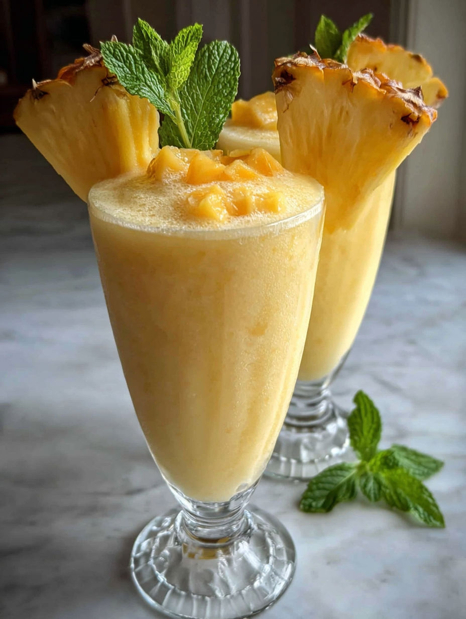 Two glasses of frozen pina colada smoothie.