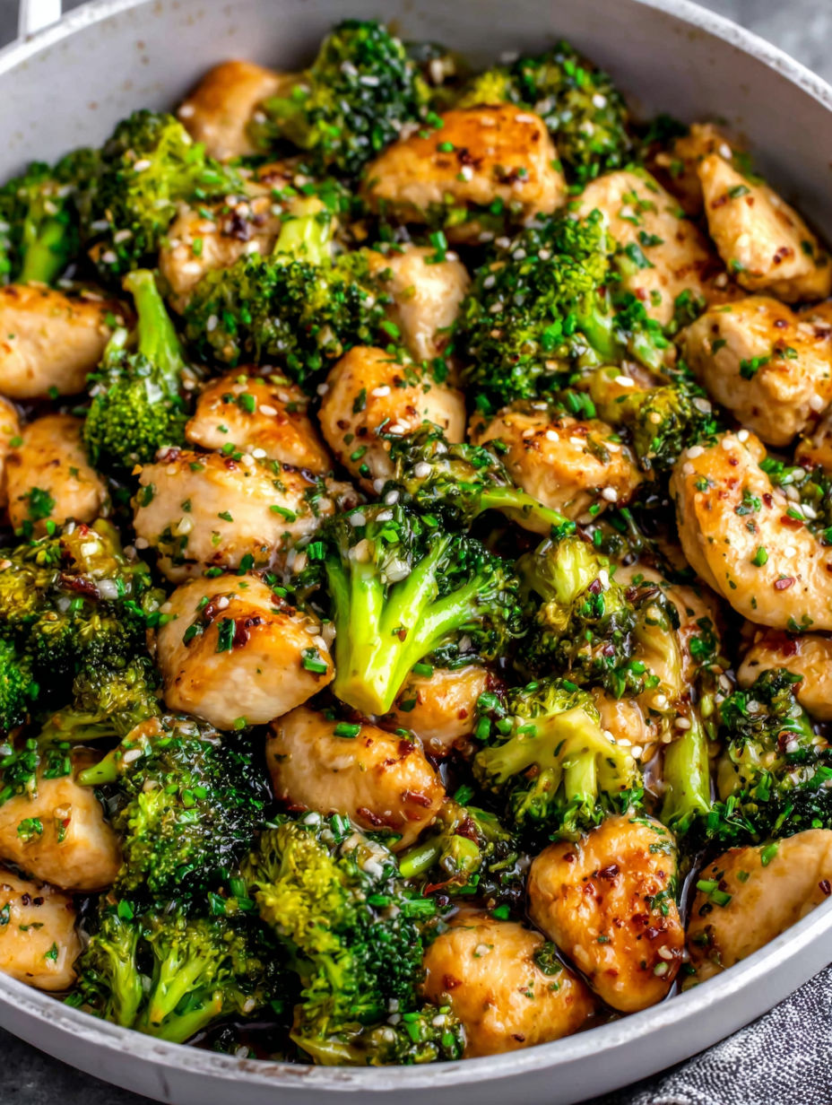 A dish of chicken and broccoli with a garlic butter sauce.