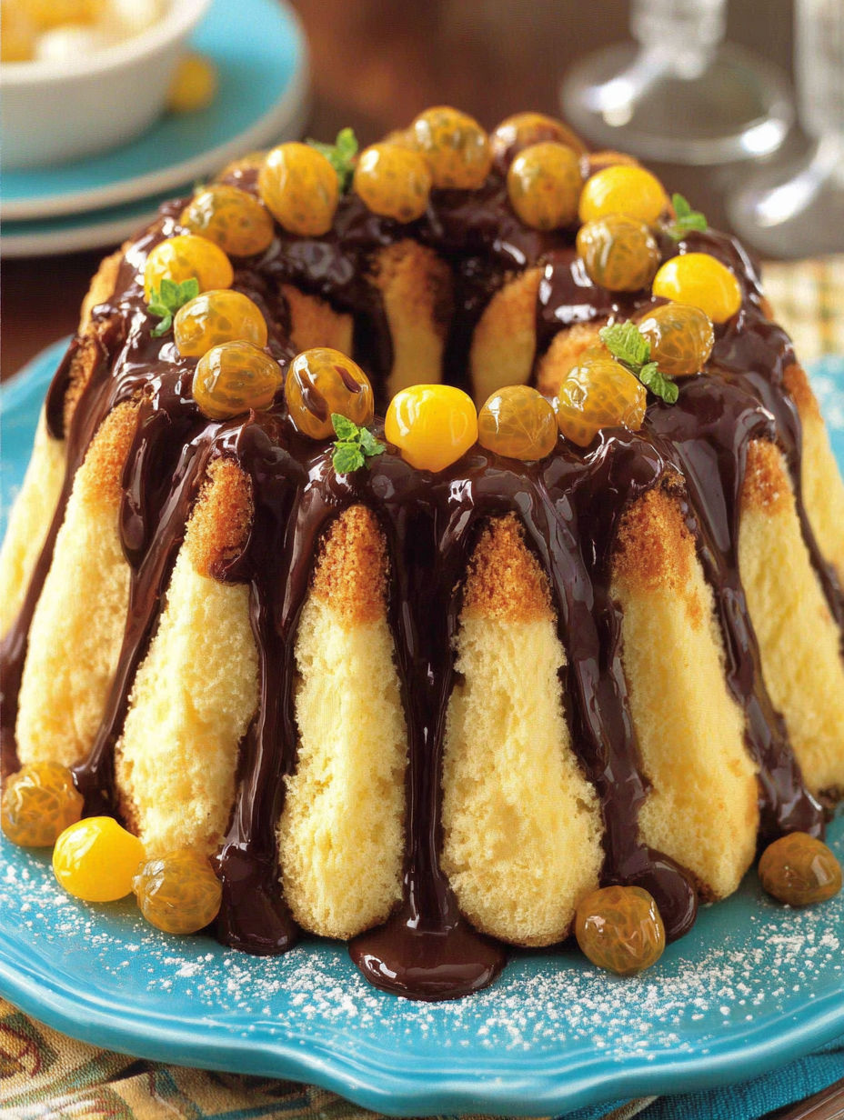 A chocolate cake with fruit on top.