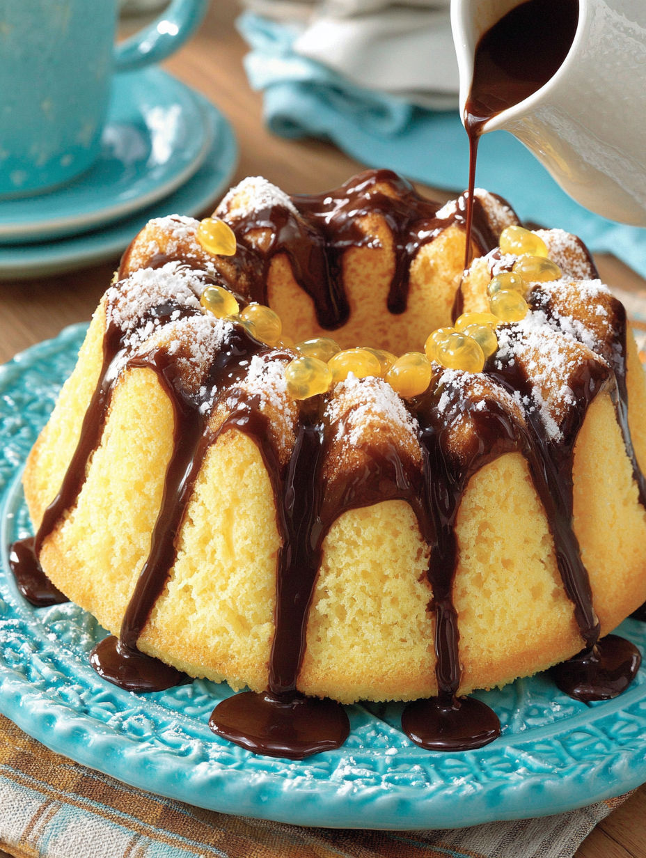 A cake with chocolate drizzled on top.