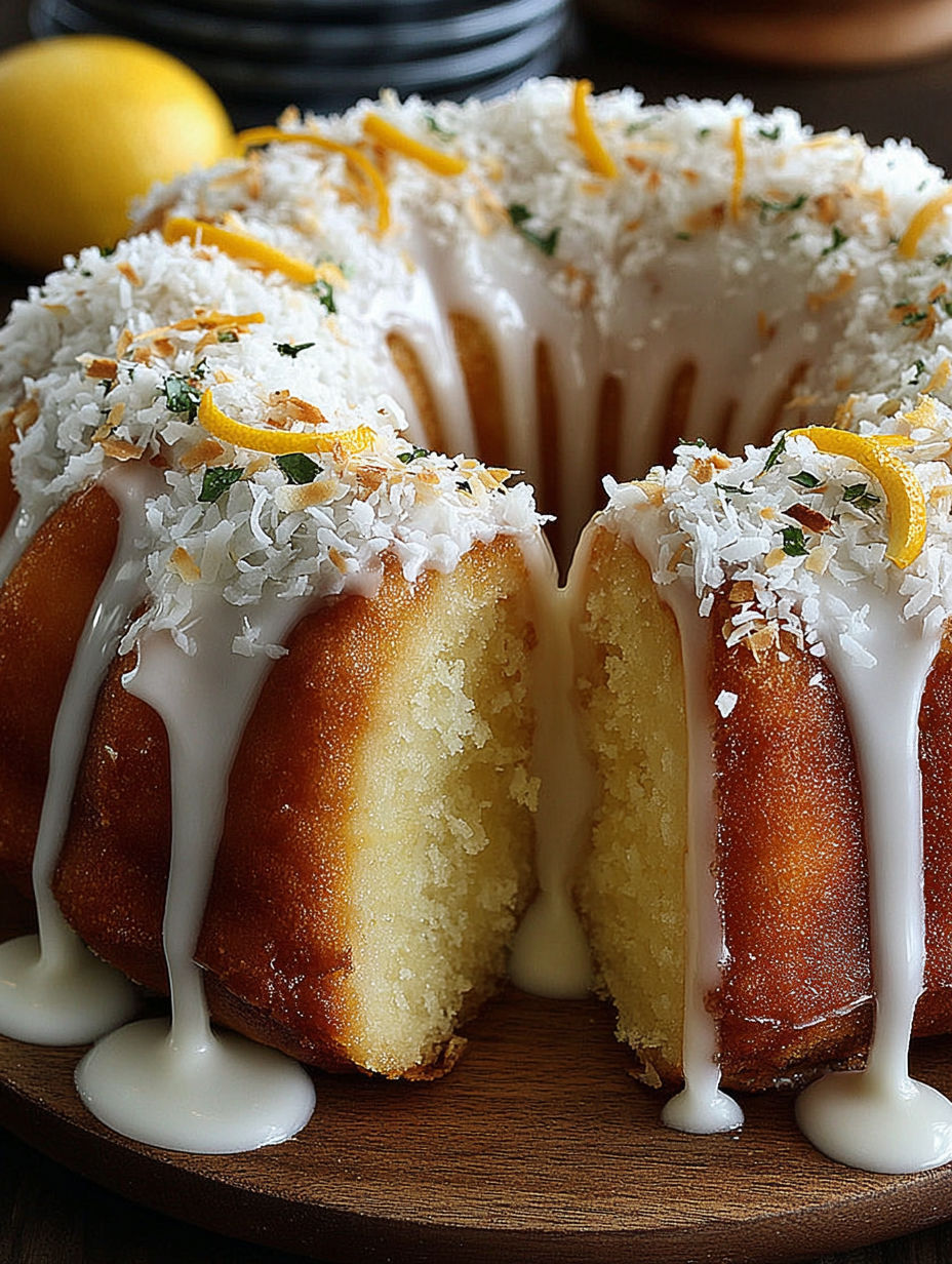 A slice of coconut lemon bundt cake.
