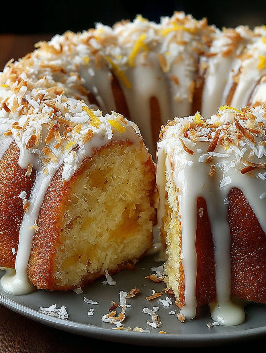 A slice of coconut lemon bundt cake.