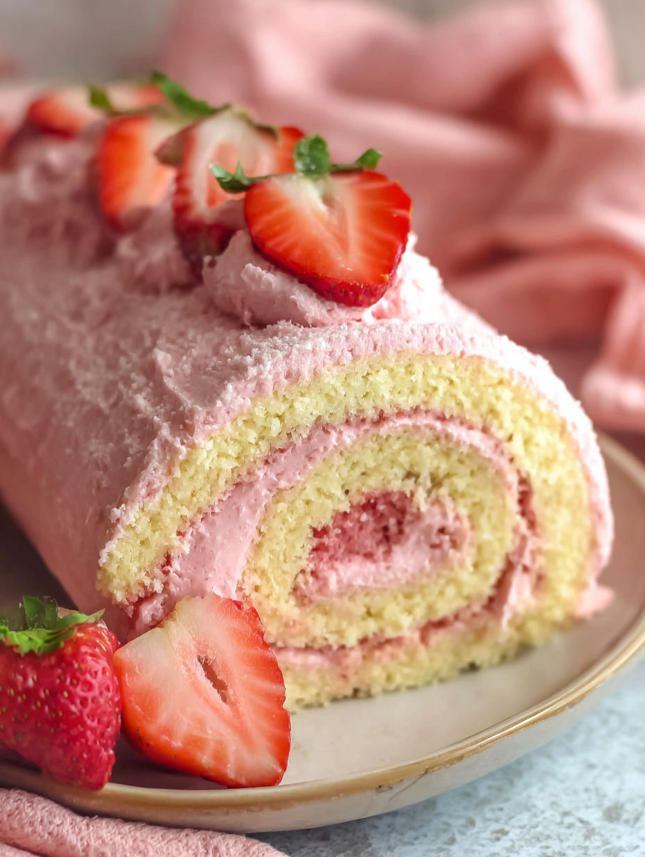 A slice of cake with strawberries on top.