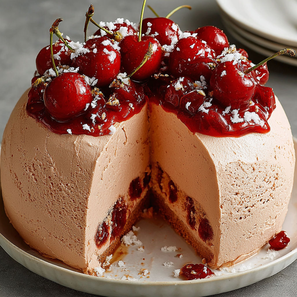 A slice of cherry mousse dome cake.