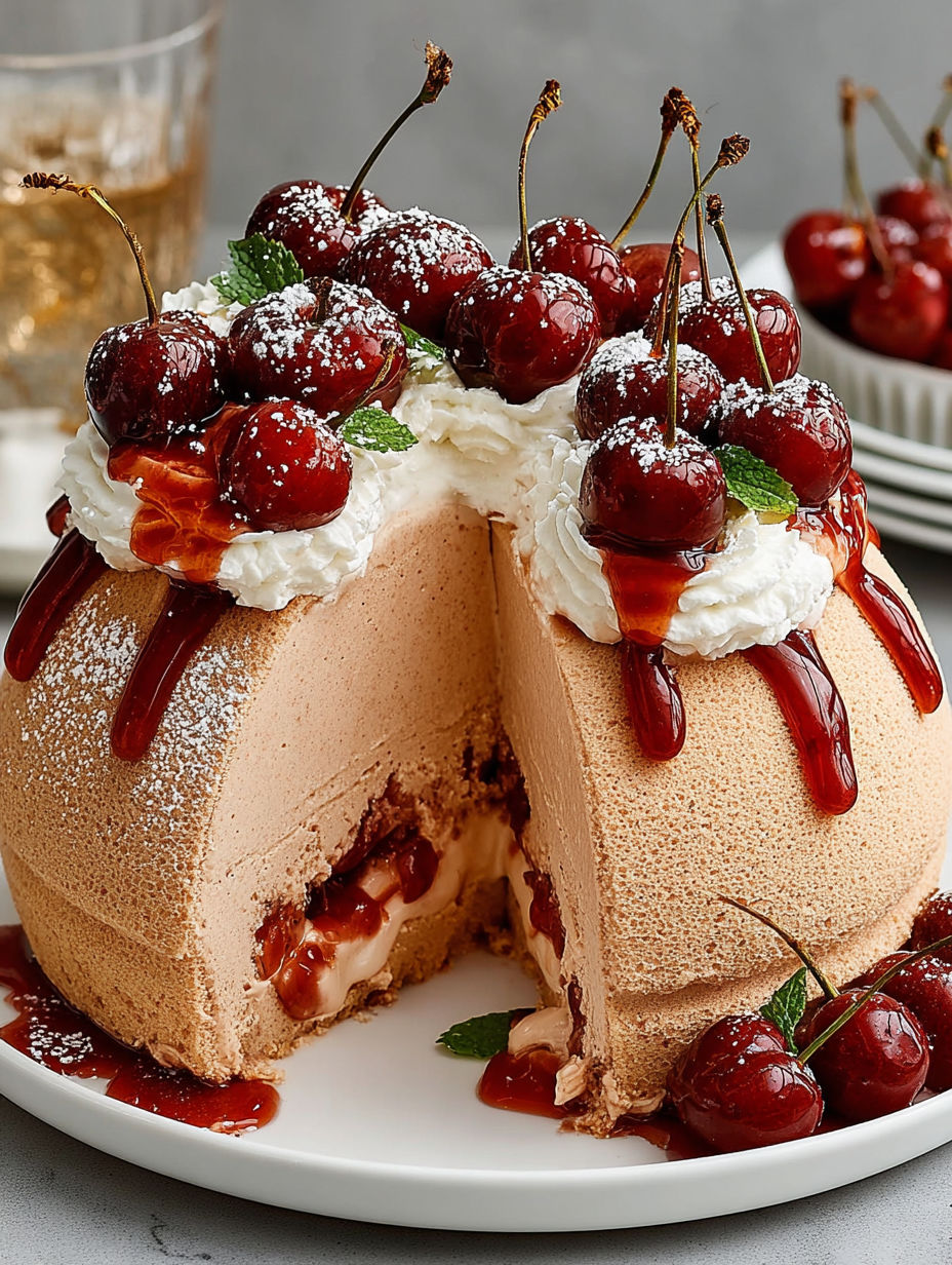 A slice of cherry mousse dome cake.