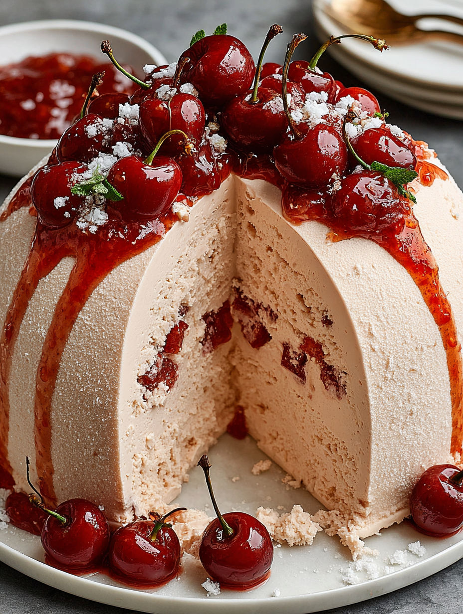 A slice of cherry mousse dome cake.