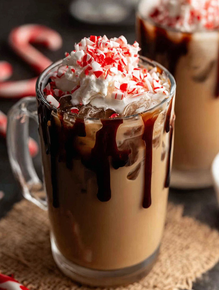 A glass of iced peppermint mocha with whipped cream.