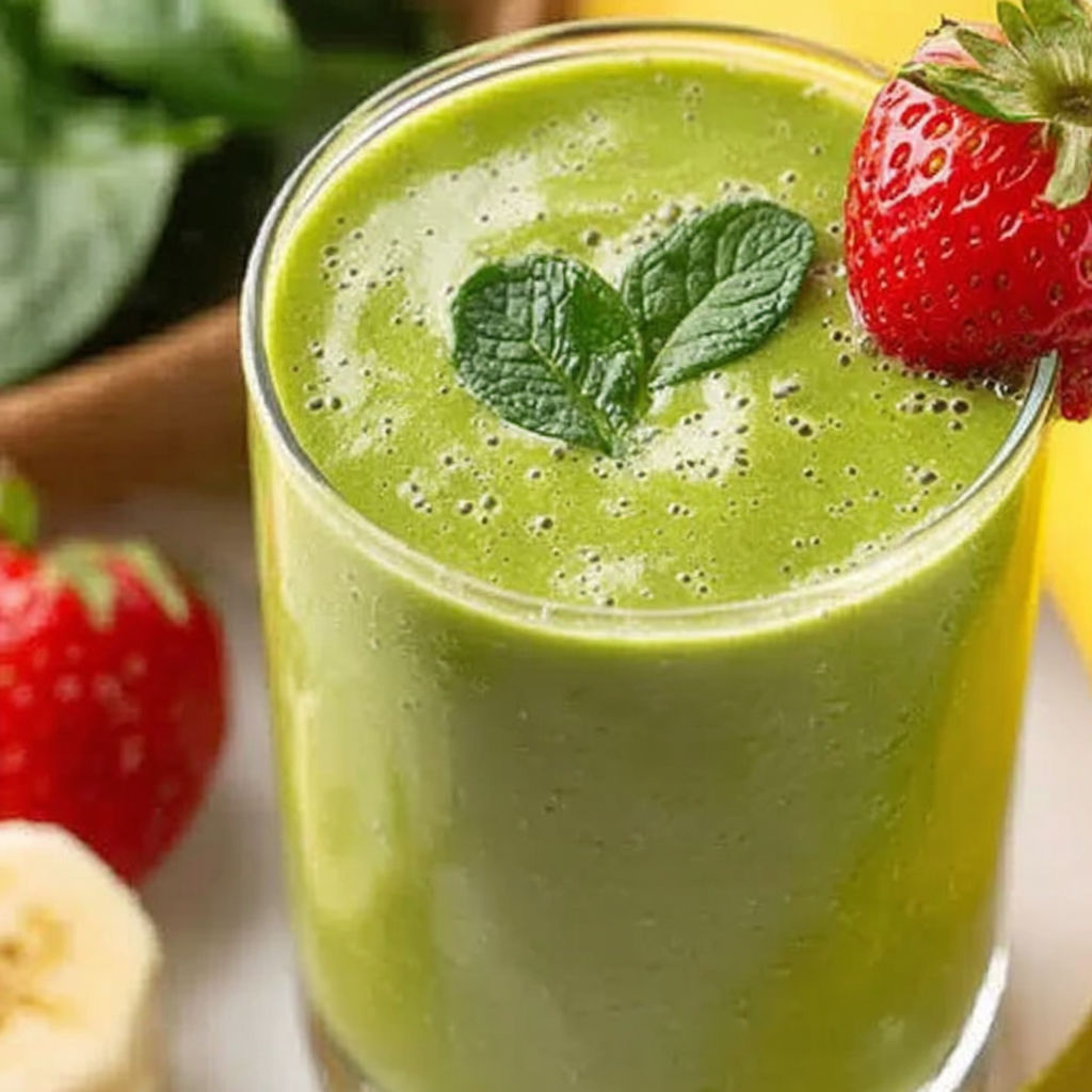 A green smoothie with a strawberry and a banana.