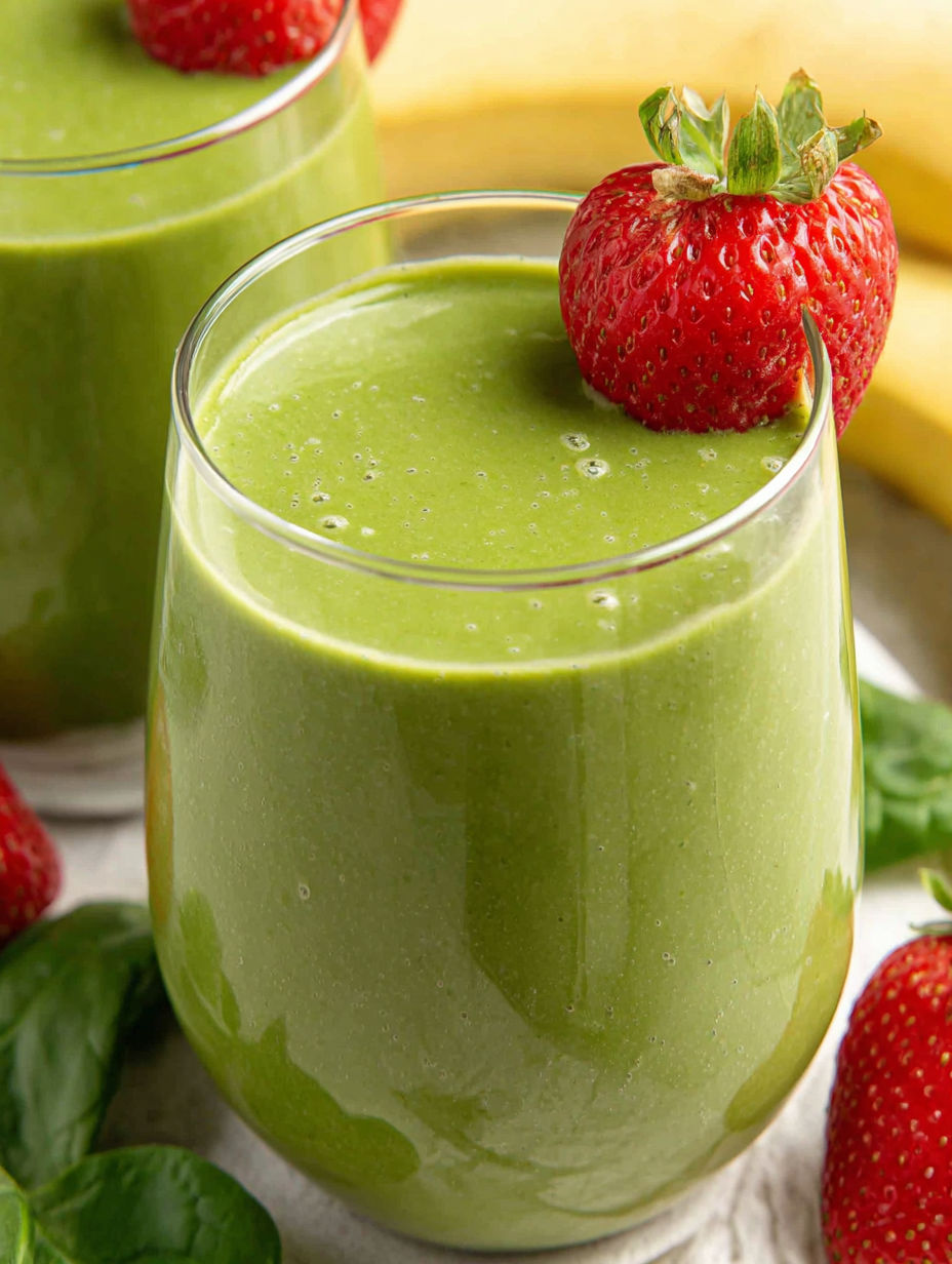 A glass of green smoothie with a strawberry on top.