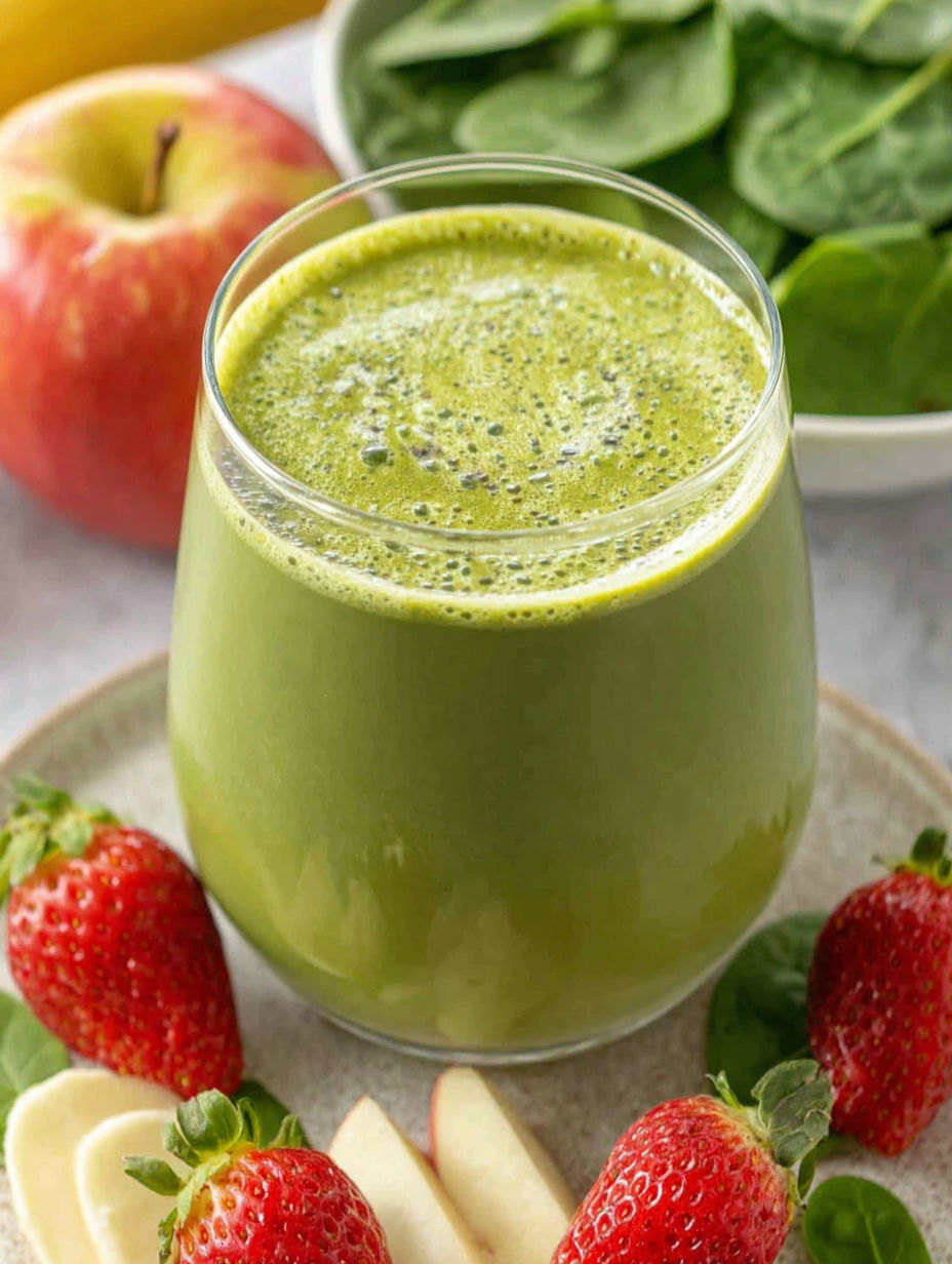 A glass of green smoothie with a strawberry and an apple on the side.
