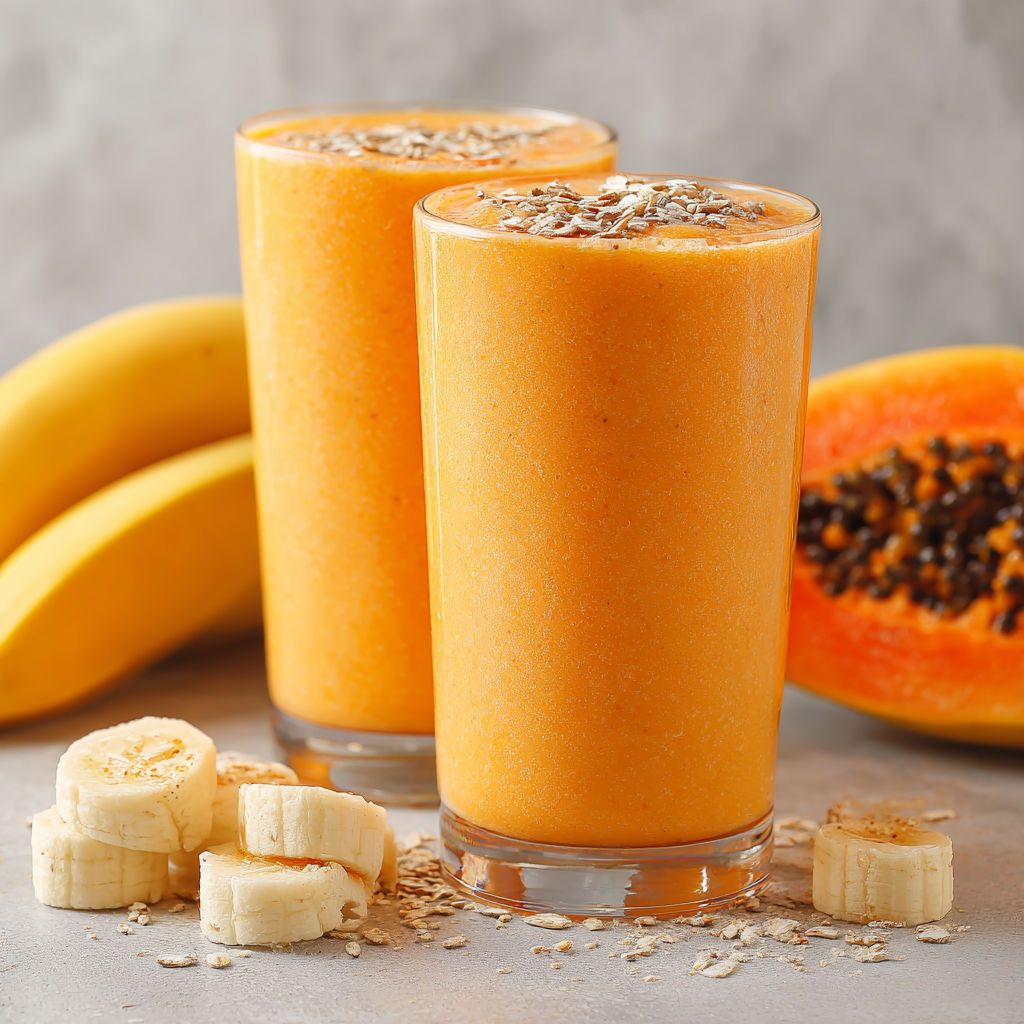 Two glasses of papaya banana smoothie.