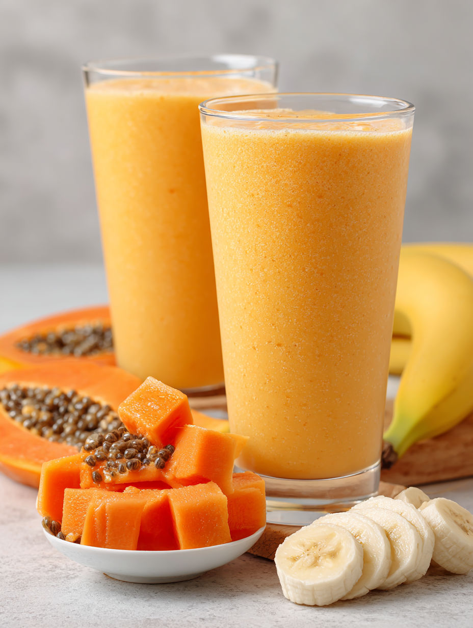 A glass of orange juice with a banana on the side.