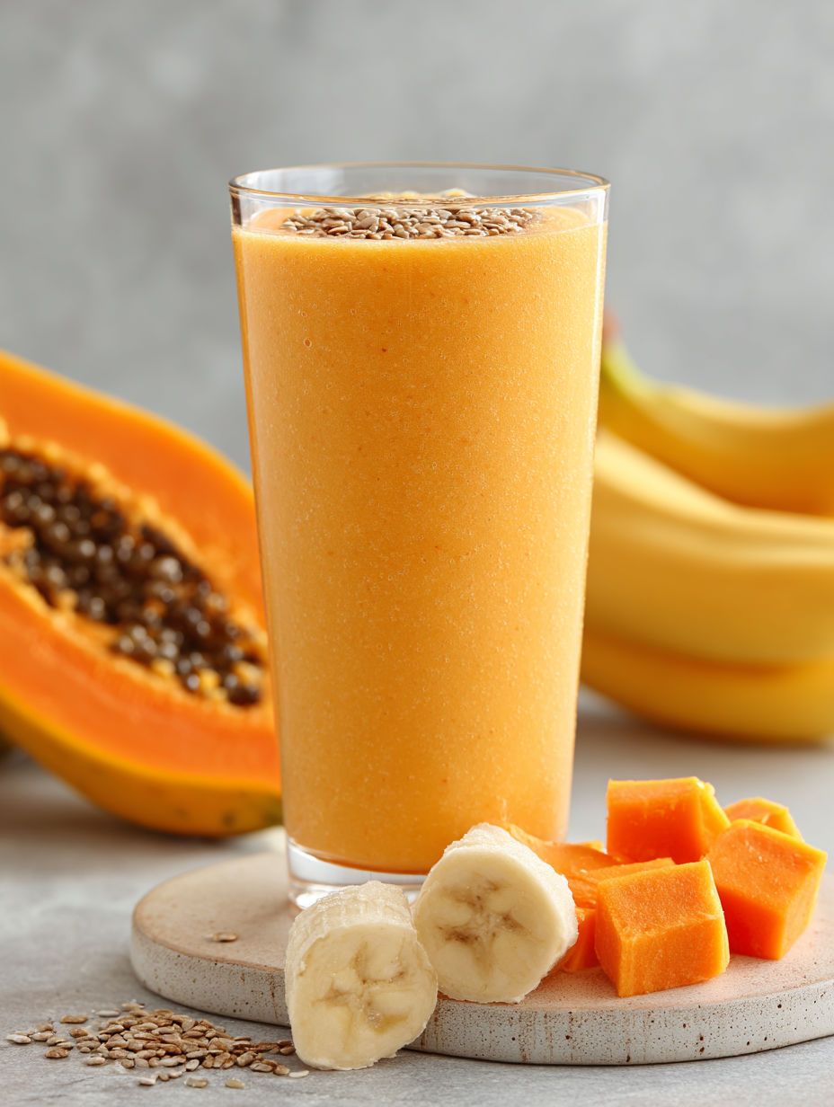 A glass of orange juice with bananas and a peeled banana.