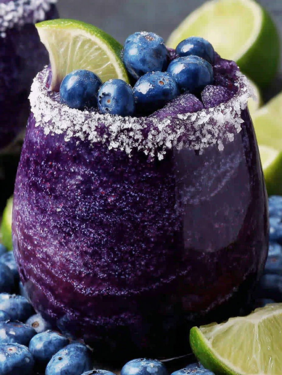 A glass of blue drink with blueberries in it.