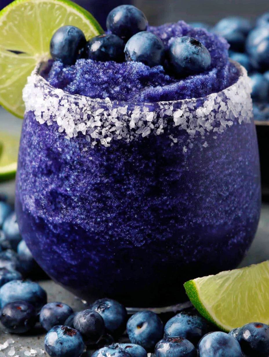 A blue drink with blueberries and limes.