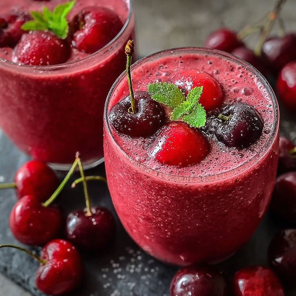 Two glasses of cherry smoothie.