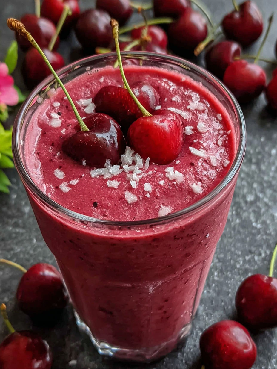 A glass of cherry juice with cherries on top.