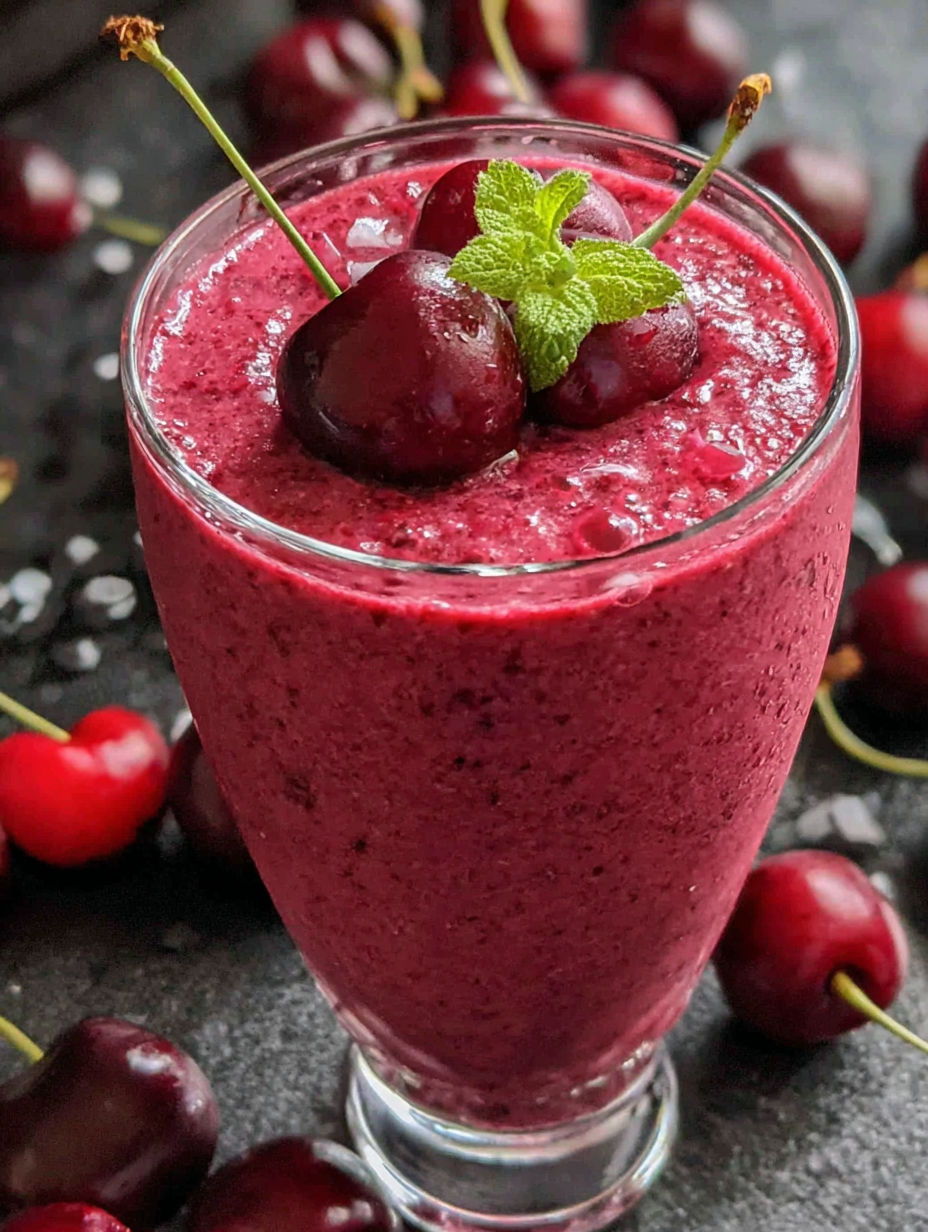 A glass of berry smoothie with a cherry on top.