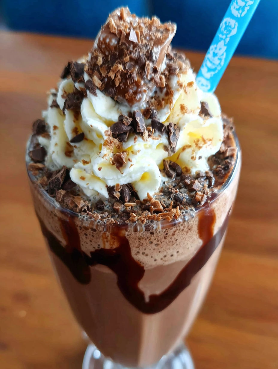 A chocolate milkshake with whipped cream on top.