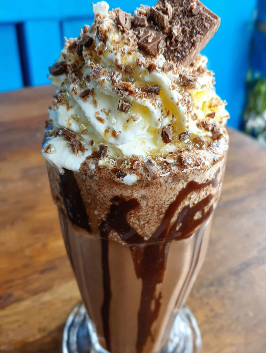 A chocolate milkshake with whipped cream and chocolate chips.