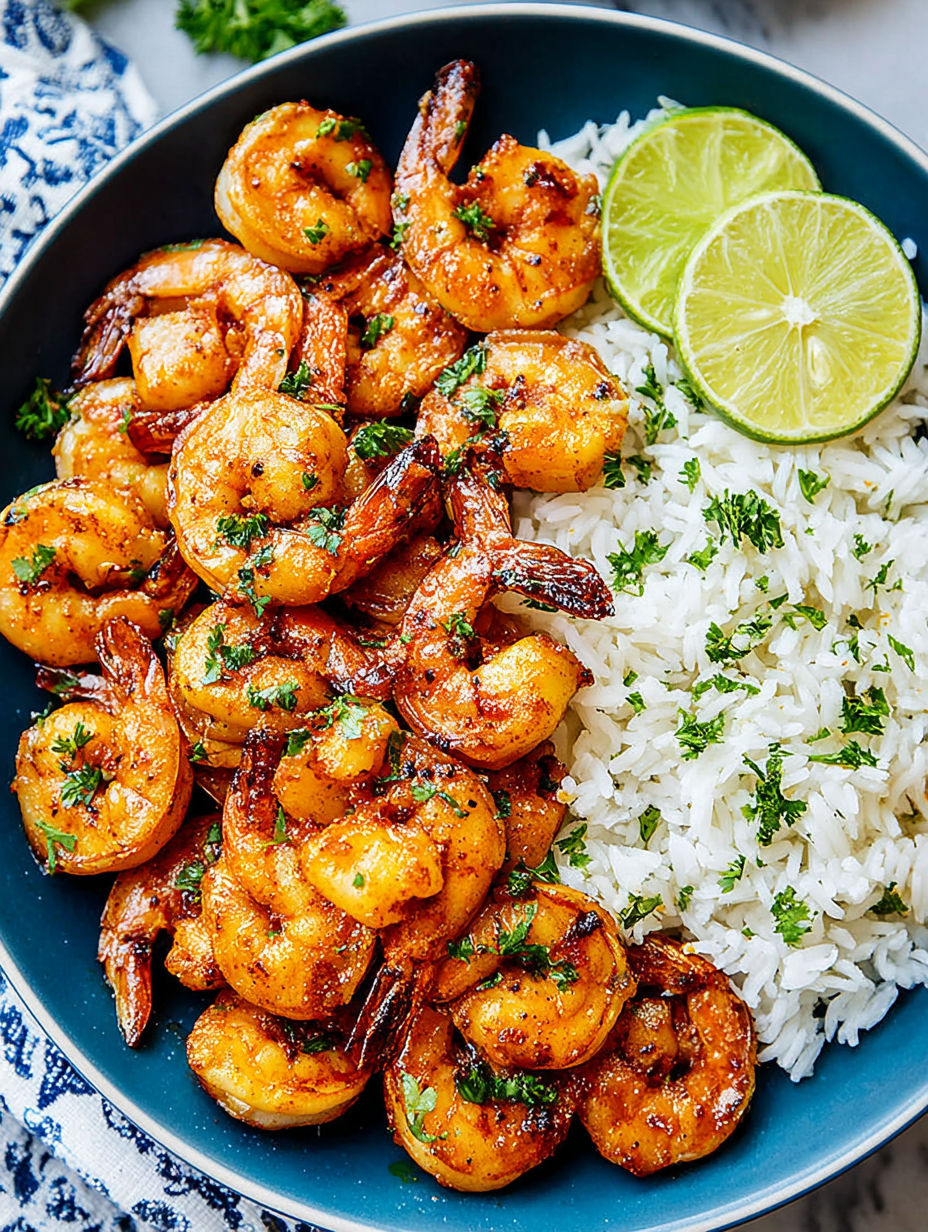 A plate of shrimp and rice.