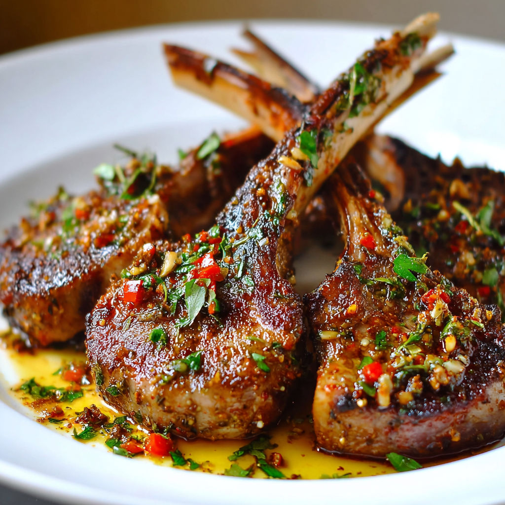 Lamb chops on a white plate.