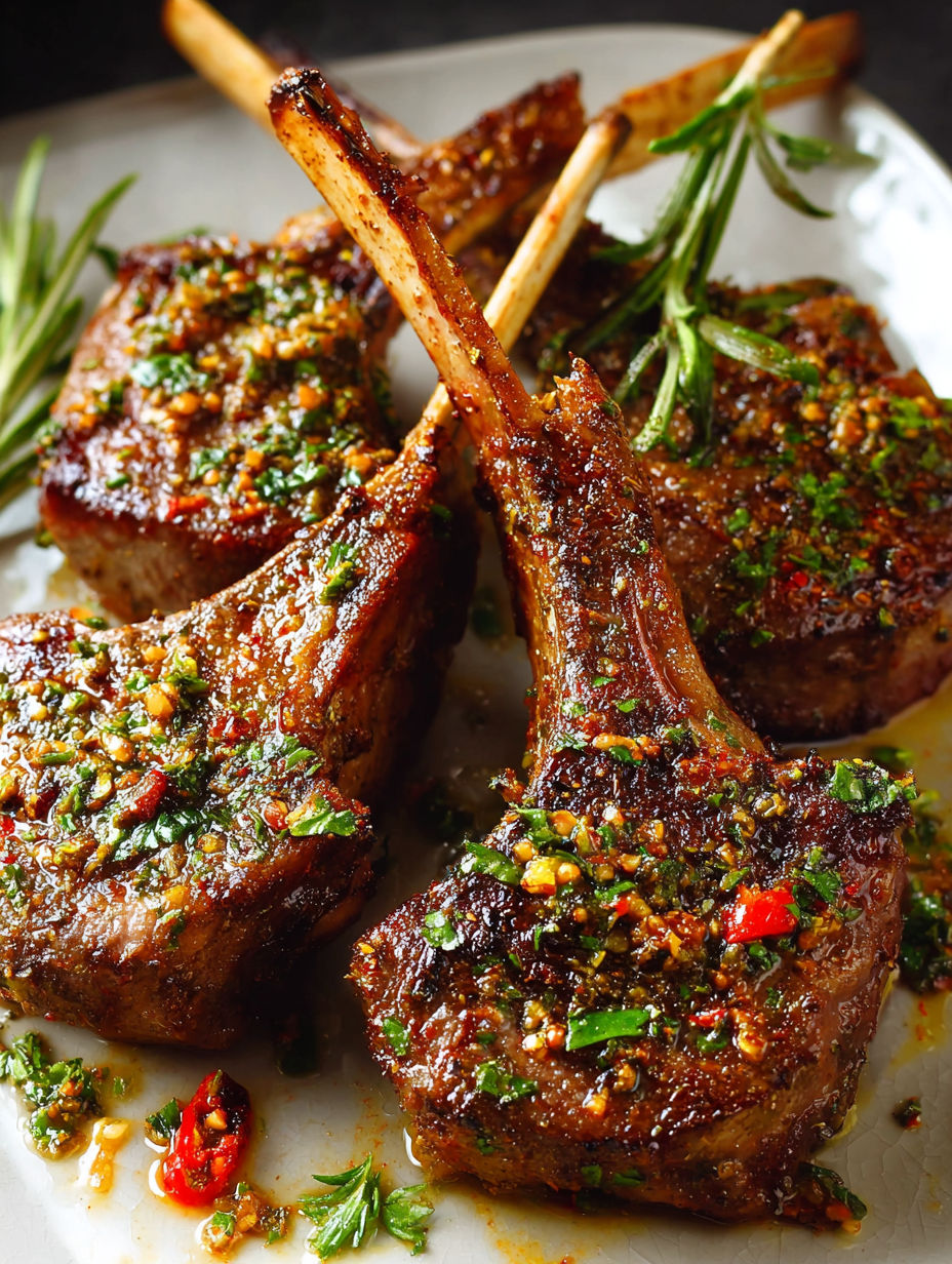 A plate of meat with a sprig of rosemary on top.