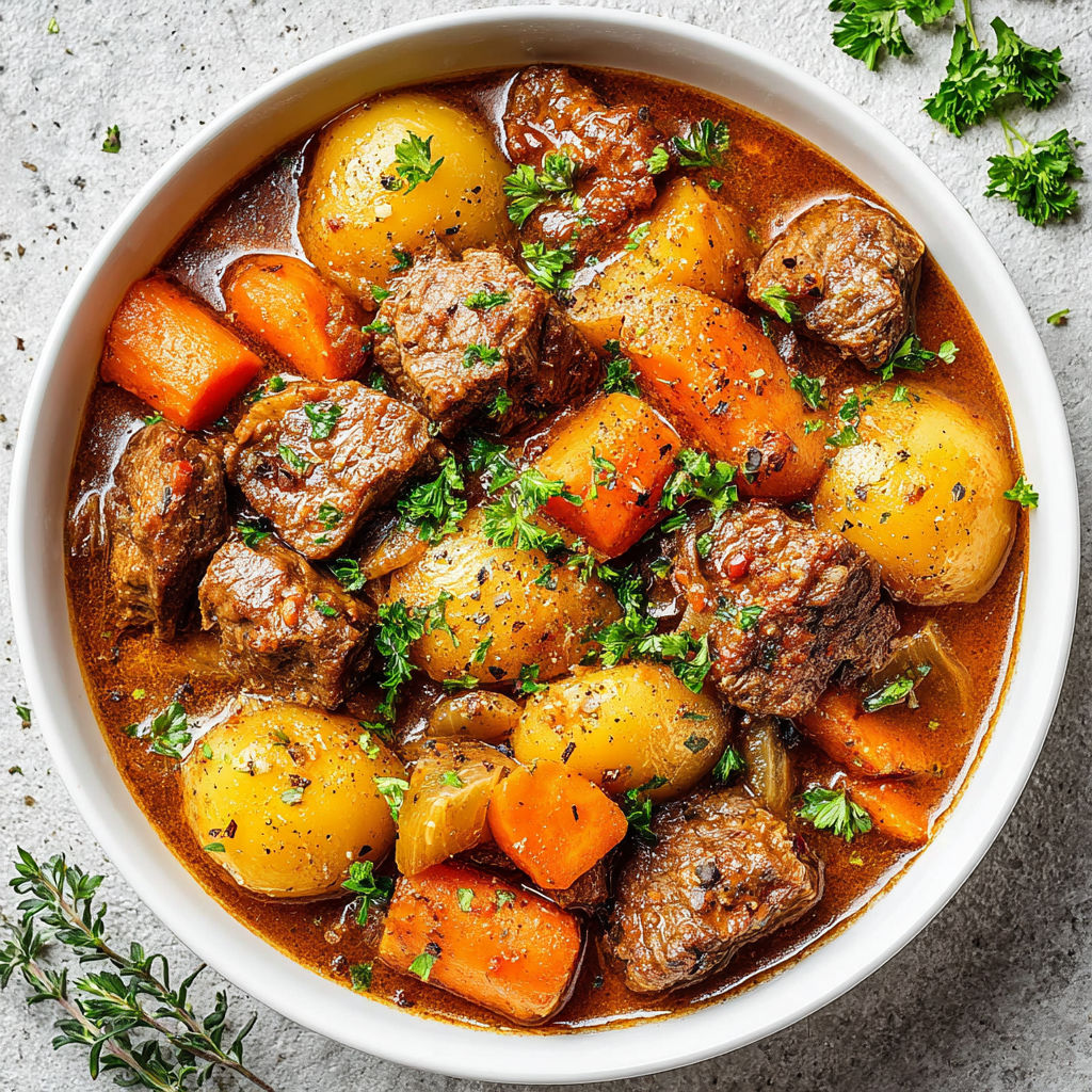 A bowl of beef stew with carrots and potatoes.
