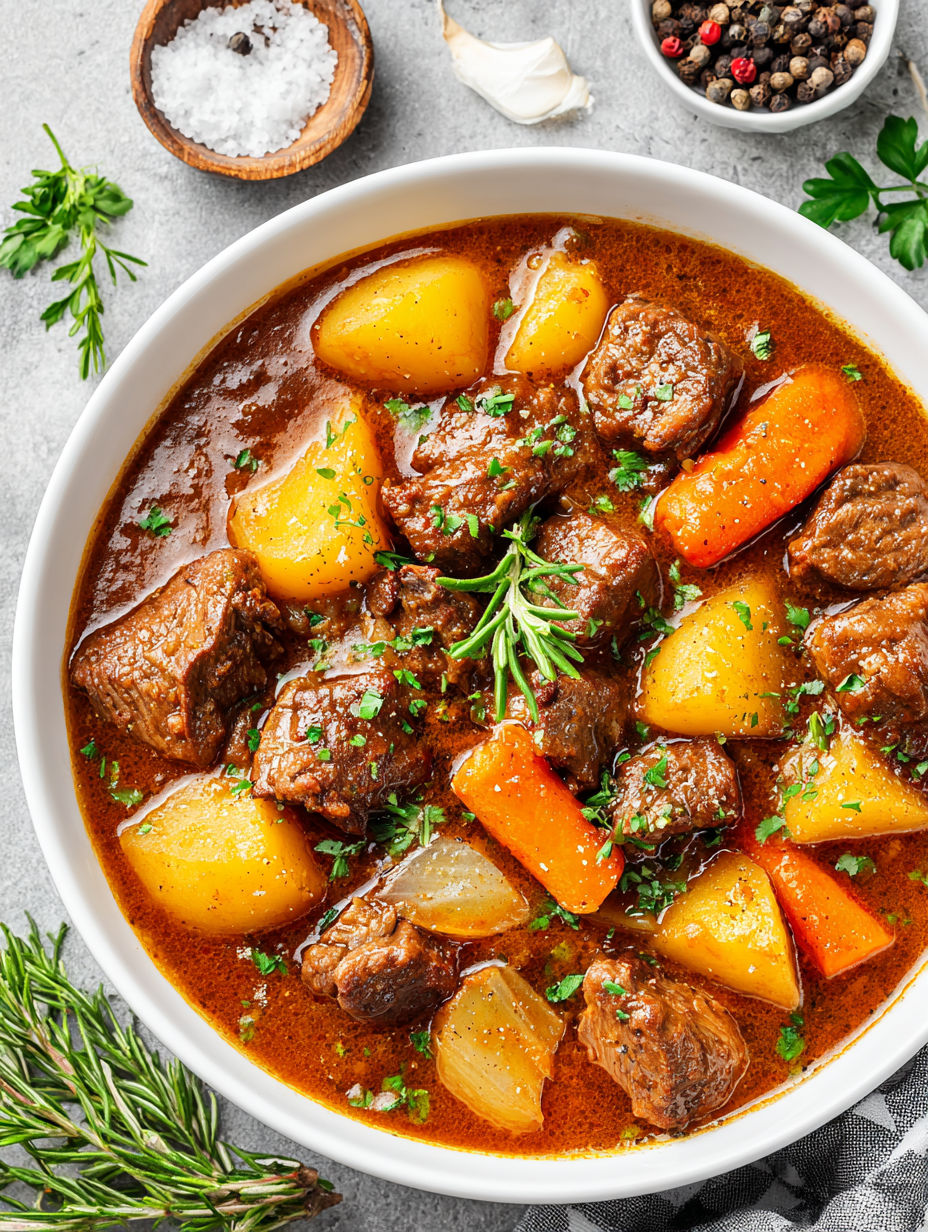 A bowl of beef stew with carrots and potatoes.