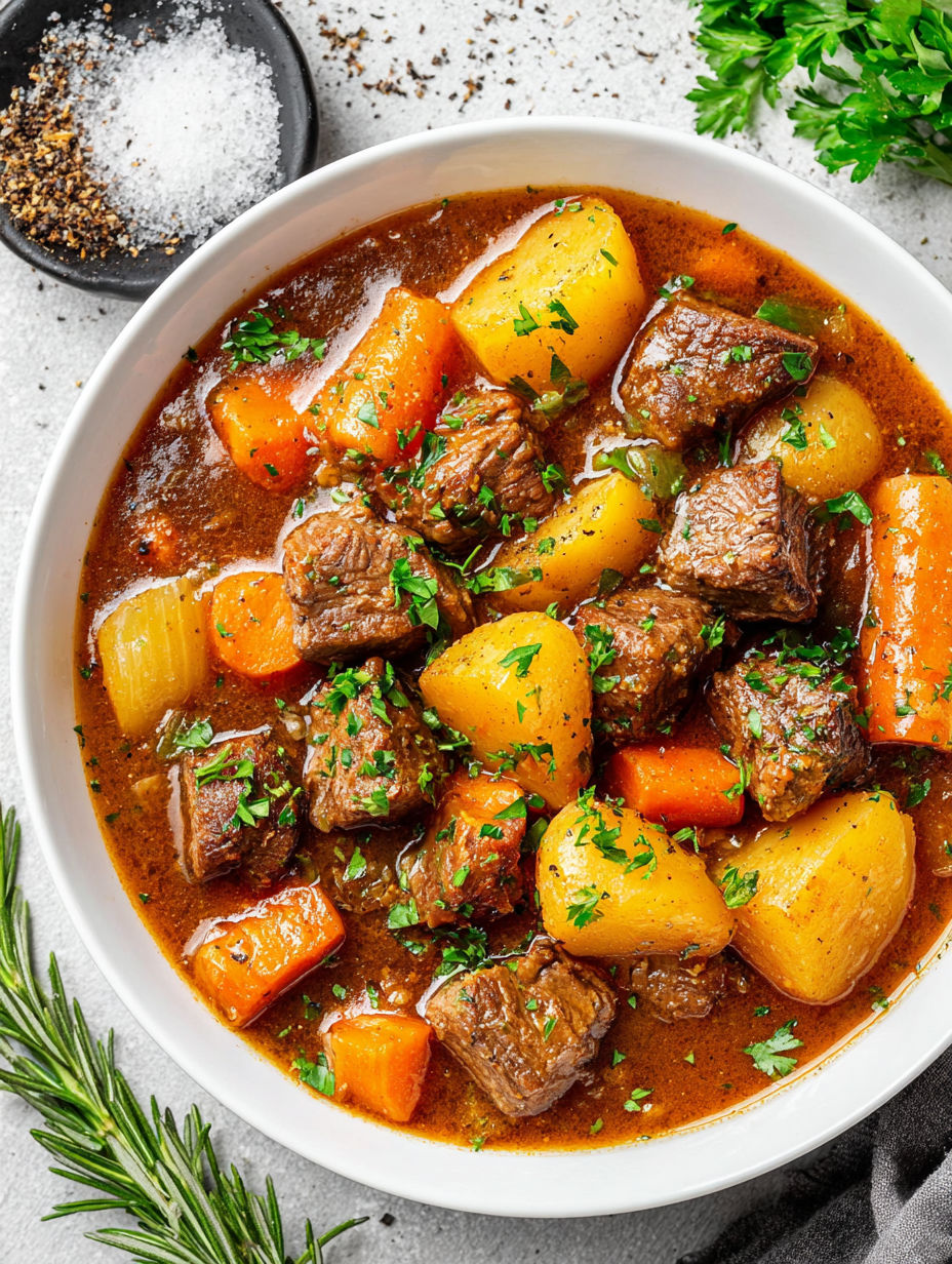 A bowl of beef stew with carrots and potatoes.