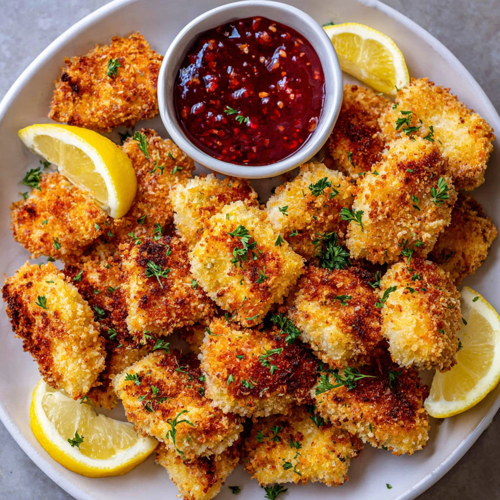 A plate of air fryer chicken nuggets with a bowl of sauce.